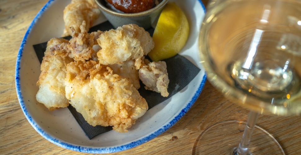 Home Block's homestyle Crispy Squid served with Platinum Riesling and signature creme fraiche and chili jam