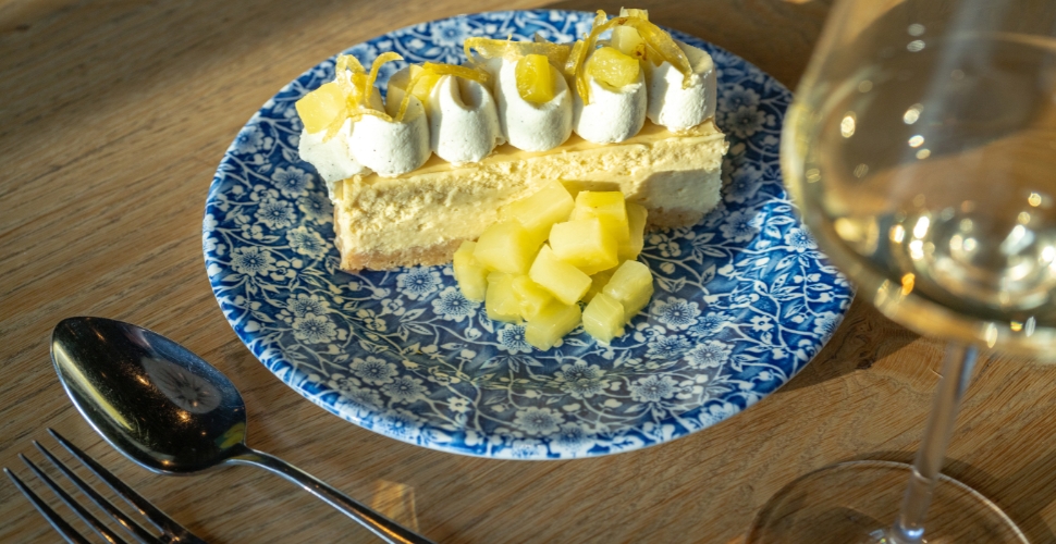 Home Block's estate-made delectable Yellow Cake served for dessert with Cedar Creek Estate Winery's 2017 Riesling Ice Wine